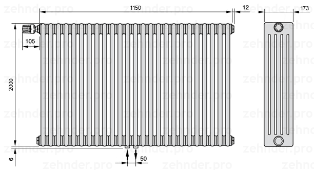 Схема (чертеж) Радиатор Zehnder Charleston 5200/25 №V007 Белый глянцевый RAL 9016